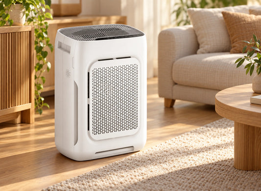 Purificateur blanc rectangulaire avec façade à perforations triangulaires et grille supérieure grise