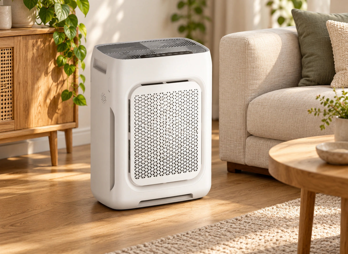 Purificateur blanc rectangulaire posé au sol près d’un canapé et d’un buffet