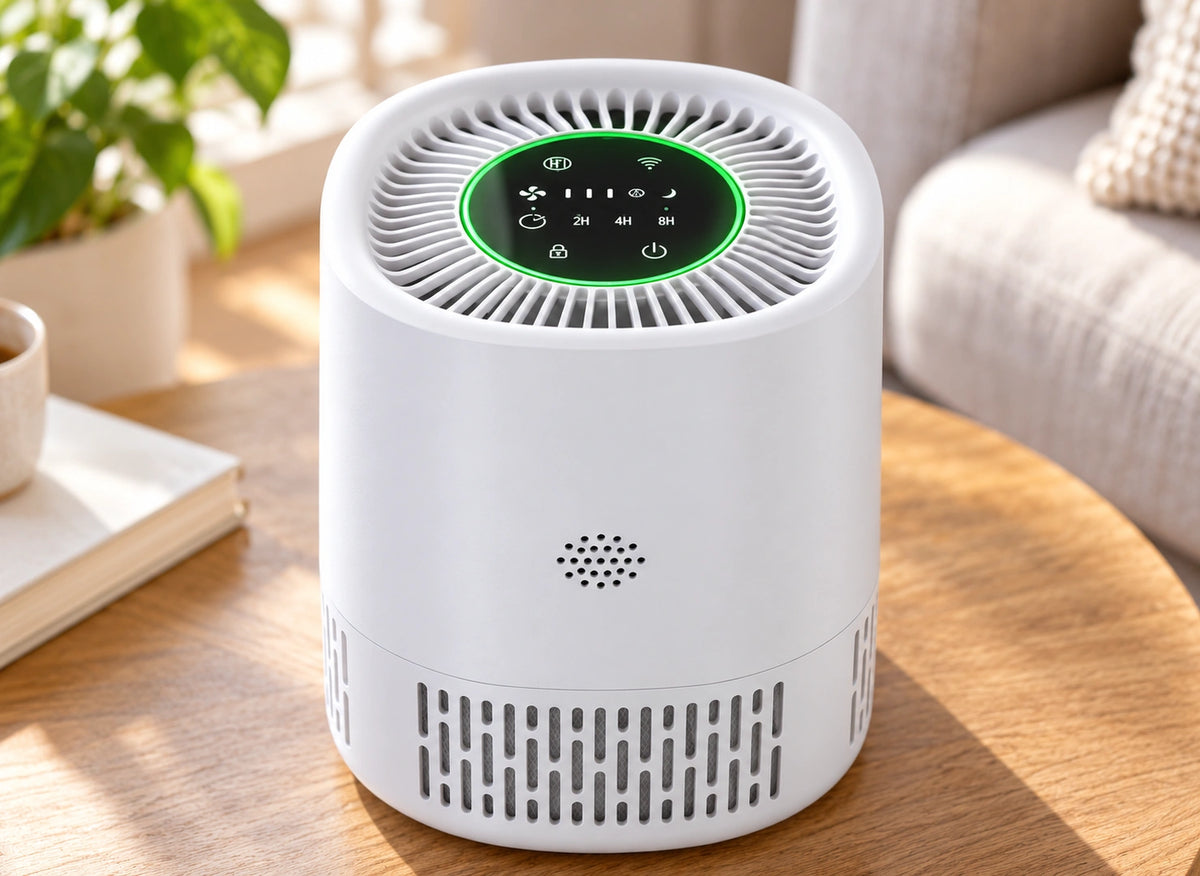 Détail du purificateur compact blanc, avec panneau de commande noir, anneau vert et grilles inférieures