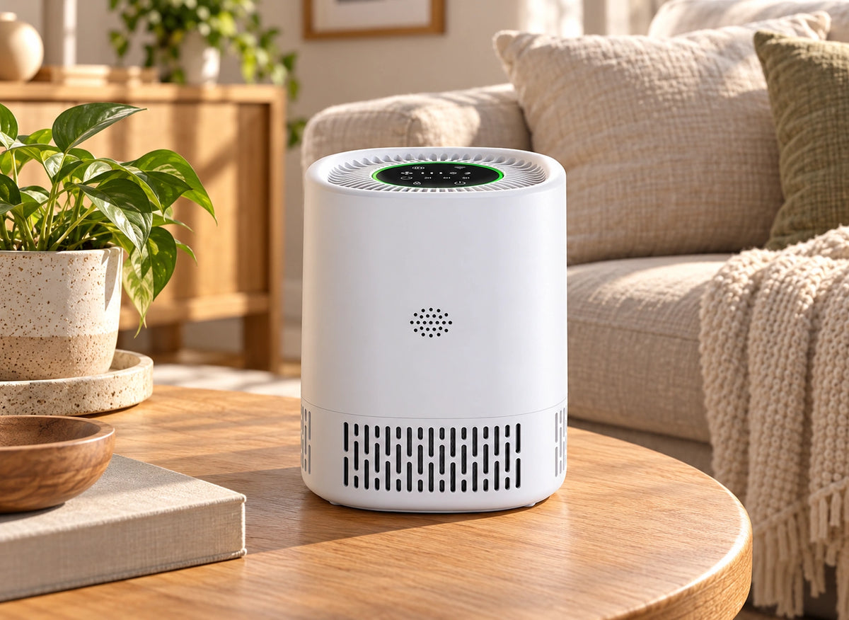 Purificateur compact blanc cylindrique posé sur une table basse en bois devant un canapé