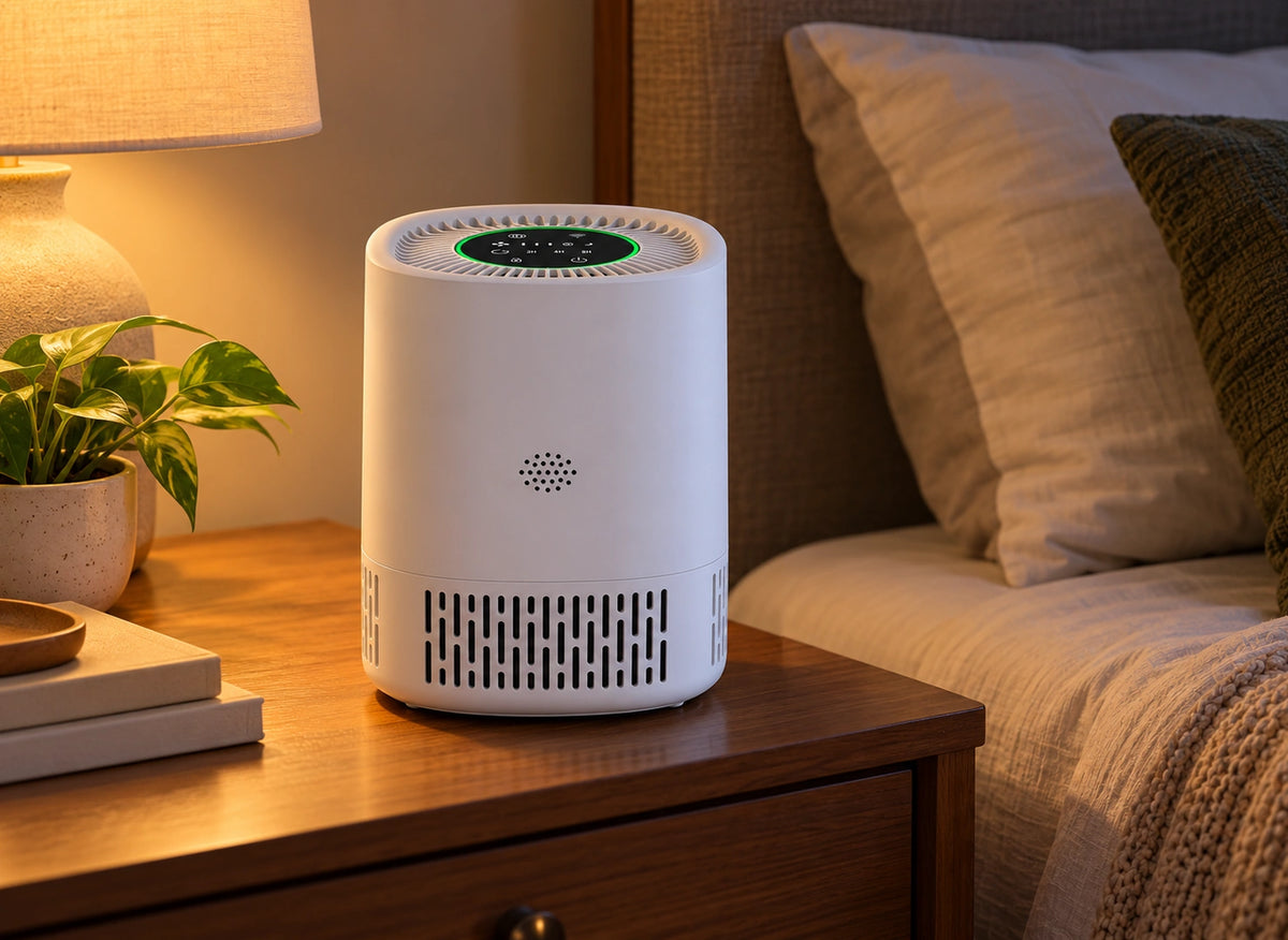 Purificateur compact blanc cylindrique posé sur une table de chevet près d’un lit et d’une lampe