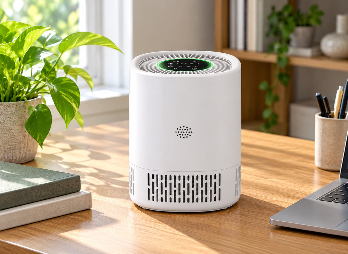 Purificateur compact blanc cylindrique posé sur un bureau entre des livres et un ordinateur portable