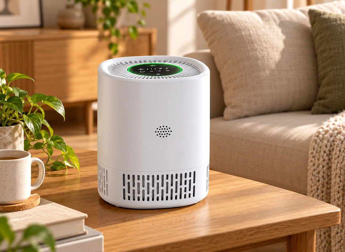 Purificateur blanc avec anneau lumineux vert posé sur une table basse devant un canapé
