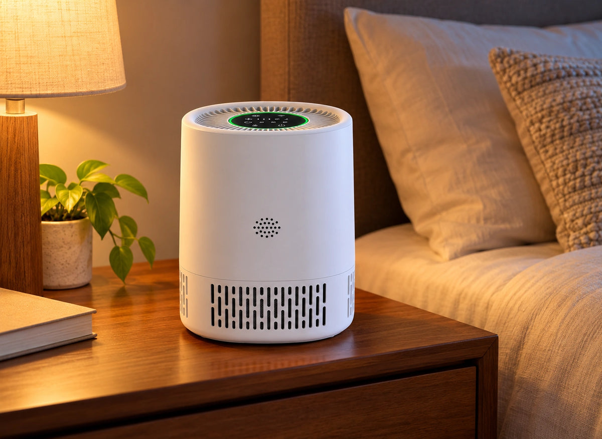 Purificateur blanc avec anneau lumineux vert posé sur une table de chevet près d’un lit