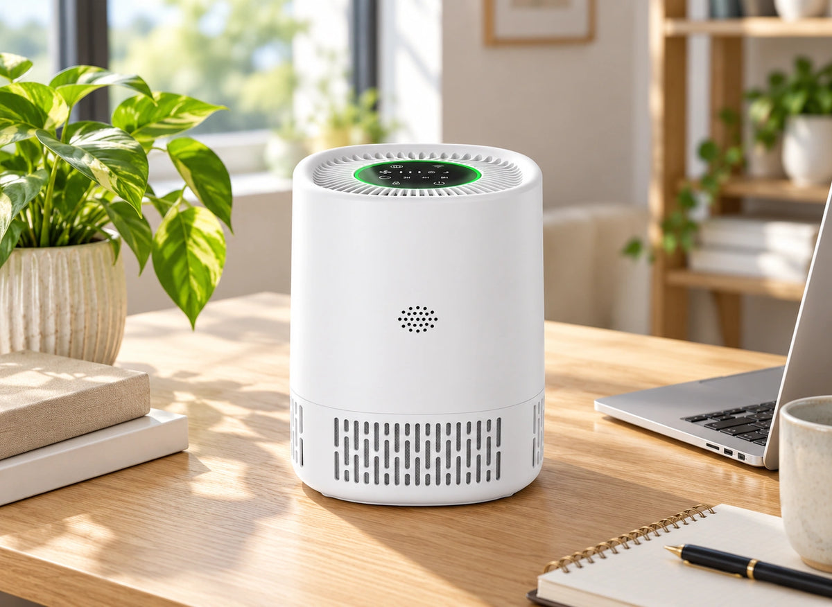 Purificateur blanc avec anneau lumineux vert posé sur un bureau près d’un ordinateur portable
